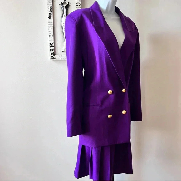 Vintage Saville 100% Wool Two Piece Pleated Skirt Purple Suit Size 12 - Picture 3 of 14